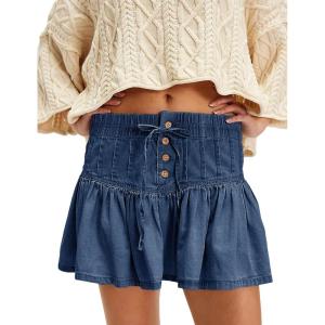 imageYeokou Women Denim Mini Skirt Elastic High Waist ALine Pleated Tiered Ruffle Hem Jean Skirt Casual ShortBlue