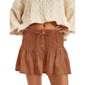 imageYeokou Women Denim Mini Skirt Elastic High Waist ALine Pleated Tiered Ruffle Hem Jean Skirt Casual ShortBrown