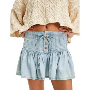 imageYeokou Women Denim Mini Skirt Elastic High Waist ALine Pleated Tiered Ruffle Hem Jean Skirt Casual ShortLightblue
