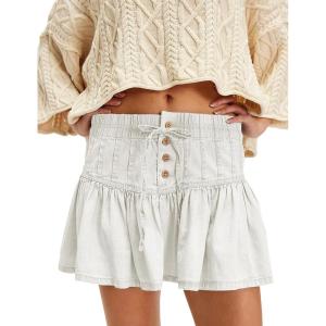 imageYeokou Women Denim Mini Skirt Elastic High Waist ALine Pleated Tiered Ruffle Hem Jean Skirt Casual ShortWhite