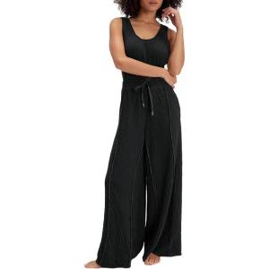 imageYeokou Women Drawstring Waist Elastic Jumpsuits Sleeveless Racerback Top Seam Wide Legs Casual Overalls with PocketsBlack