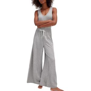 imageYeokou Women Drawstring Waist Elastic Jumpsuits Sleeveless Racerback Top Seam Wide Legs Casual Overalls with PocketsGrey