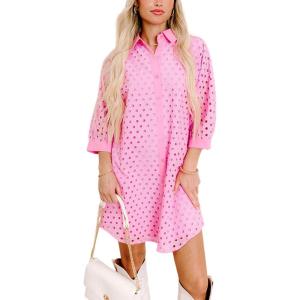 imageYeokou Women Eyelet Lined Summer Mini Dress Button Down 34 Sleeve Lapel Casual Hollow Straight Shirt DressPink