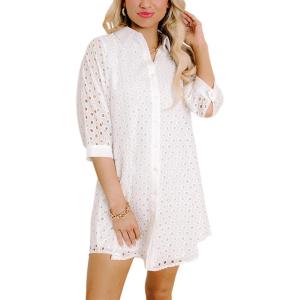 imageYeokou Women Eyelet Lined Summer Mini Dress Button Down 34 Sleeve Lapel Casual Hollow Straight Shirt DressWhite
