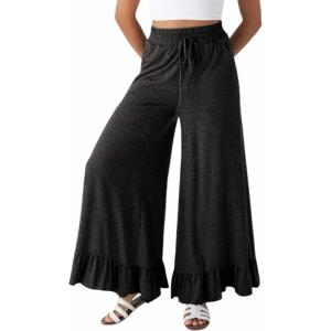 imageYeokou Women Wide Leg Pants Drawstring Elastic High Waist Ruffle Hem Loose Casual Trousers with PocketsBlack