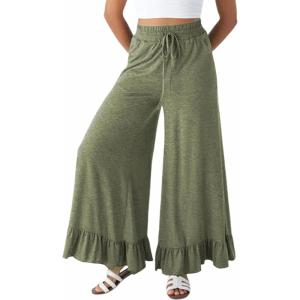 imageYeokou Women Wide Leg Pants Drawstring Elastic High Waist Ruffle Hem Loose Casual Trousers with PocketsGreen