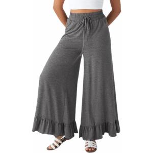 imageYeokou Women Wide Leg Pants Drawstring Elastic High Waist Ruffle Hem Loose Casual Trousers with PocketsGrey