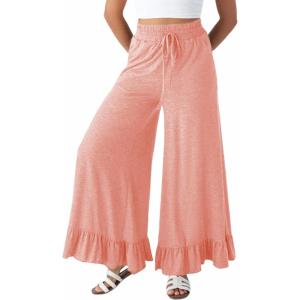 imageYeokou Women Wide Leg Pants Drawstring Elastic High Waist Ruffle Hem Loose Casual Trousers with PocketsPink