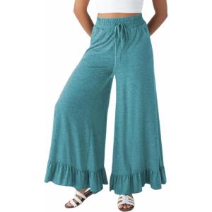 imageYeokou Women Wide Leg Pants Drawstring Elastic High Waist Ruffle Hem Loose Casual Trousers with PocketsTeal