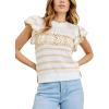imageYeokou Womens Crochet Sweater Top Short Flutter Sleeve Crew Neck Summer Casual Knit Tank PulloversApricot