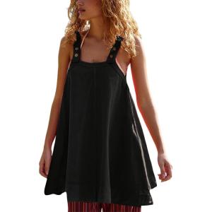 imageYeokou Women Mini Dress Sleeveless ALine Adjustable Button Straps Scoop Neck Cropped Loose Slip Dress with PocketsBlack