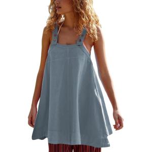 imageYeokou Women Mini Dress Sleeveless ALine Adjustable Button Straps Scoop Neck Cropped Loose Slip Dress with PocketsBlue