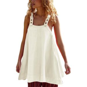 imageYeokou Women Mini Dress Sleeveless ALine Adjustable Button Straps Scoop Neck Cropped Loose Slip Dress with PocketsWhite