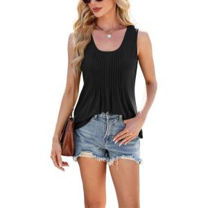 imageYeokou Women Pleated Solid Color Tank Crewneck Ruffled Hem Sleeveless Loose Casual Summer TopBlack