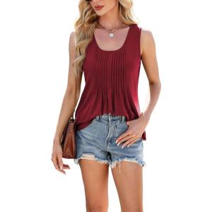 imageYeokou Women Pleated Solid Color Tank Crewneck Ruffled Hem Sleeveless Loose Casual Summer TopRed