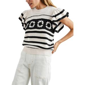 imageYeokou Womens Crochet Sweater Top Short Flutter Sleeve Crew Neck Summer Casual Knit Tank PulloversWhite