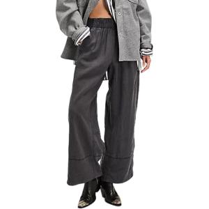 imageYeokou Women Cotton Linen Wide Leg Pants Elastic High Waist Loose Fit Seam Pull On Trousers with PocketsBlack