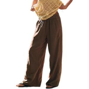 imageYeokou Women Cotton Linen Wide Leg Pants Elastic High Waist Loose Fit Seam Pull On Trousers with PocketsCoffee
