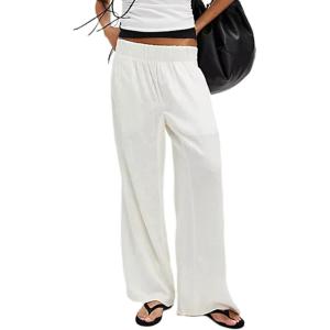 imageYeokou Women Cotton Linen Wide Leg Pants Elastic High Waist Loose Fit Seam Pull On Trousers with PocketsIvory