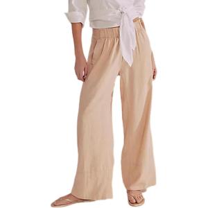 imageYeokou Women Cotton Linen Wide Leg Pants Elastic High Waist Loose Fit Seam Pull On Trousers with PocketsLightkhaki