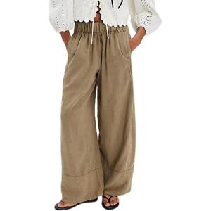 imageYeokou Women Cotton Linen Wide Leg Pants Elastic High Waist Loose Fit Seam Pull On Trousers with PocketsOlivine