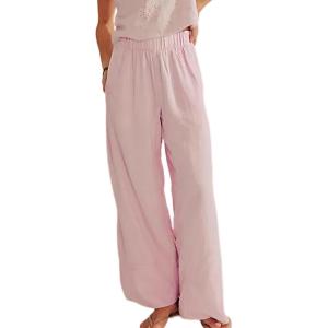 imageYeokou Women Cotton Linen Wide Leg Pants Elastic High Waist Loose Fit Seam Pull On Trousers with PocketsPink