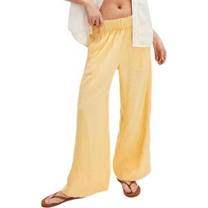 imageYeokou Women Cotton Linen Wide Leg Pants Elastic High Waist Loose Fit Seam Pull On Trousers with PocketsYellow