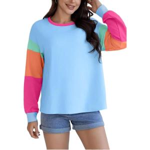 imageYeokou Womens Color Block Long Sleeve TShirt Casual Loose Fit Crewneck Cotton Pullover Spring Sweatshirt TopsBlue