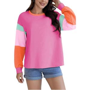 imageYeokou Womens Color Block Long Sleeve TShirt Casual Loose Fit Crewneck Cotton Pullover Spring Sweatshirt TopsPink