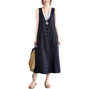 imageYeokou Womens Linen Cotton Dress Sleeveless Summer Casual Tank Midi Dresses with PocketBlack