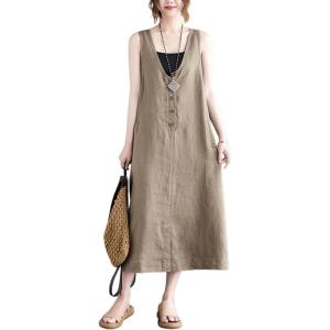imageYeokou Womens Linen Cotton Dress Sleeveless Summer Casual Tank Midi Dresses with PocketKhaki