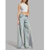 imageYeokou Women High Waist Wide Leg Jeans Denim Pants with Lace Loose Baggy Y2K Pull On TrousersBlue