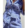 imageYeokou Women Stripe Maxi Dress Button Down Casual Lapel 34 Sleeve Side Slit Loose Shirt Dress with BeltBlue