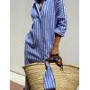 imageYeokou Women Stripe Maxi Dress Button Down Casual Lapel 34 Sleeve Side Slit Loose Shirt Dress with BeltBlue