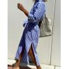 imageYeokou Women Stripe Maxi Dress Button Down Casual Lapel 34 Sleeve Side Slit Loose Shirt Dress with BeltBlue