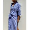 imageYeokou Women Stripe Maxi Dress Button Down Casual Lapel 34 Sleeve Side Slit Loose Shirt Dress with BeltBlue