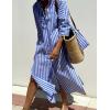imageYeokou Women Stripe Maxi Dress Button Down Casual Lapel 34 Sleeve Side Slit Loose Shirt Dress with BeltBlue