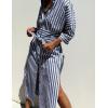 imageYeokou Women Stripe Maxi Dress Button Down Casual Lapel 34 Sleeve Side Slit Loose Shirt Dress with BeltDarkblue