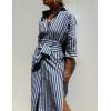 imageYeokou Women Stripe Maxi Dress Button Down Casual Lapel 34 Sleeve Side Slit Loose Shirt Dress with BeltDarkblue