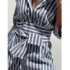 imageYeokou Women Stripe Maxi Dress Button Down Casual Lapel 34 Sleeve Side Slit Loose Shirt Dress with BeltDarkblue