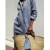 imageYeokou Women Stripe Maxi Dress Button Down Casual Lapel 34 Sleeve Side Slit Loose Shirt Dress with BeltDarkblue