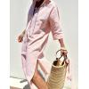 imageYeokou Women Stripe Maxi Dress Button Down Casual Lapel 34 Sleeve Side Slit Loose Shirt Dress with BeltPink