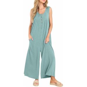 imageYeokou Jumpsuits for Women Casual Summer Sleeveless Wide Leg Overalls Loose Textured Button Front Pocketed Romper One PieceGreen