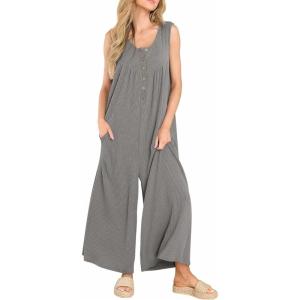 imageYeokou Jumpsuits for Women Casual Summer Sleeveless Wide Leg Overalls Loose Textured Button Front Pocketed Romper One PieceGrey