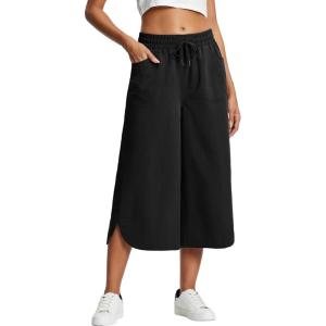 imageYeokou Women Capri Pants Elastic Drawstring High Waisted Loose Side Slit Casual Trousers with PocketsBlack