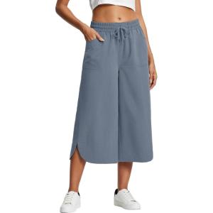 imageYeokou Women Capri Pants Elastic Drawstring High Waisted Loose Side Slit Casual Trousers with PocketsBluegrey