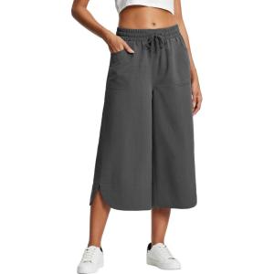 imageYeokou Women Capri Pants Elastic Drawstring High Waisted Loose Side Slit Casual Trousers with PocketsGrey