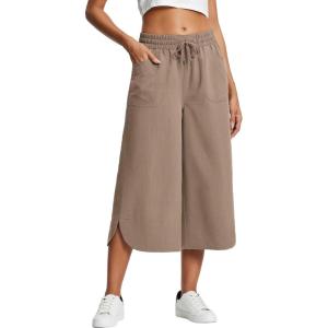 imageYeokou Women Capri Pants Elastic Drawstring High Waisted Loose Side Slit Casual Trousers with PocketsKhaki