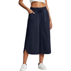 imageYeokou Women Capri Pants Elastic Drawstring High Waisted Loose Side Slit Casual Trousers with PocketsNavy