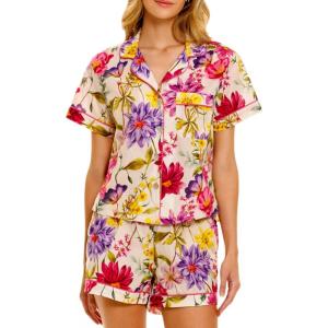 imageYeokou Women Cotton Floral Print Pajamas Button Down Short Sleeve Shirt Sleepwear Pj Shorts Set 2 Piece Lounge SetsFlower1